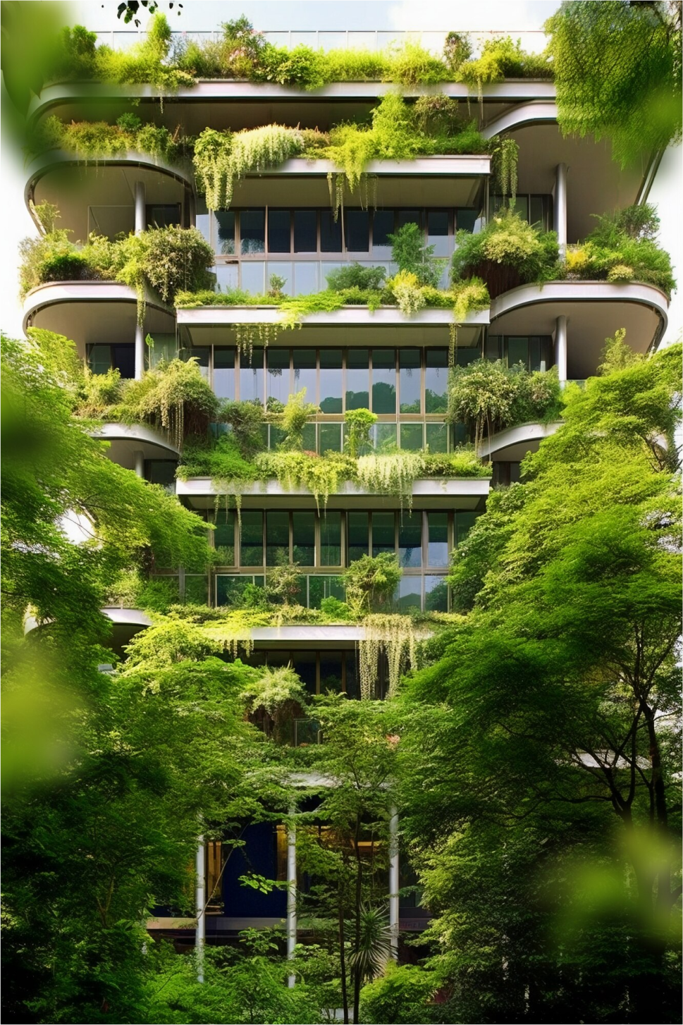 View of city with apartment buildings and green vegetation